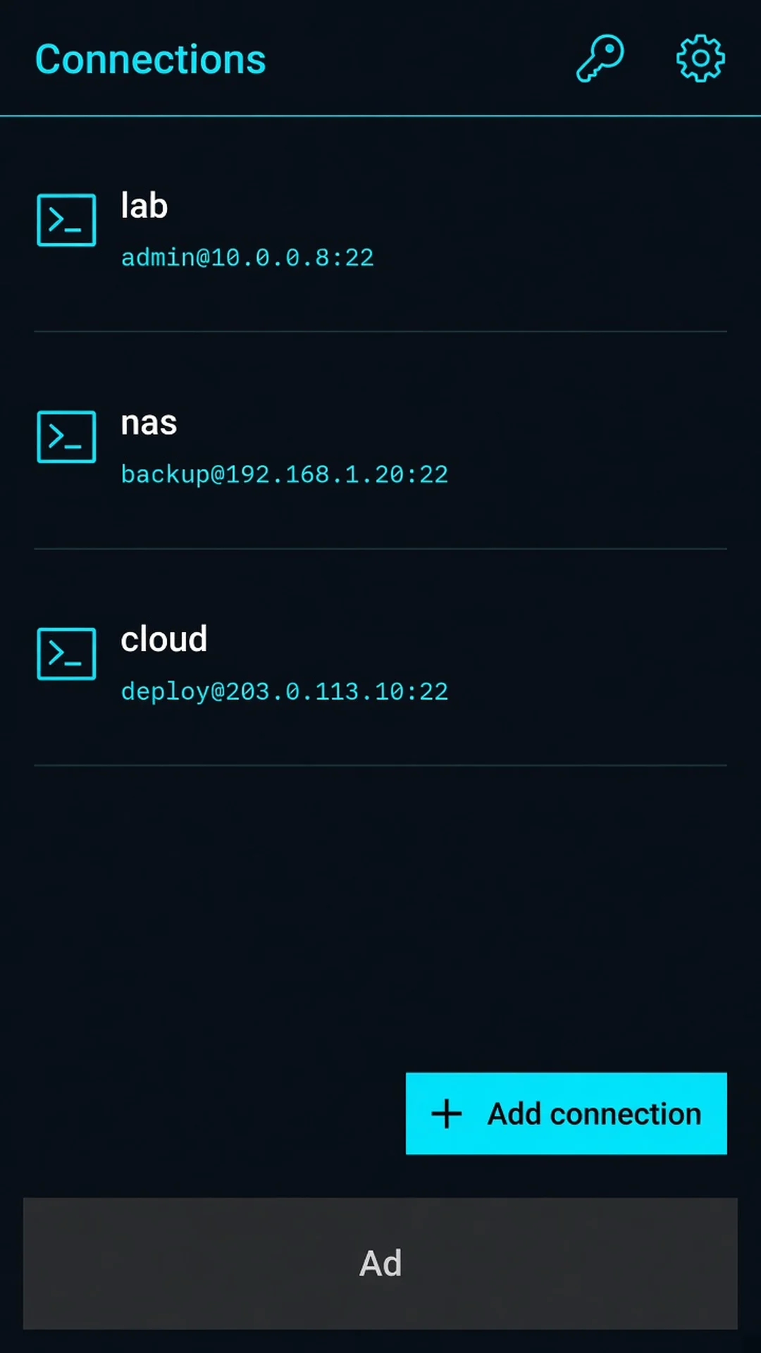 HostShell - SSH Terminal 화면