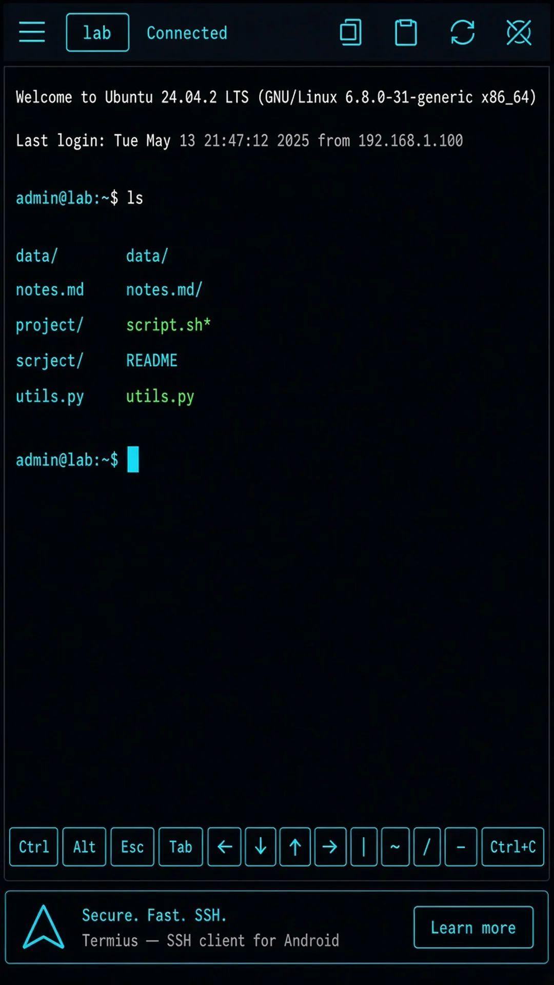 HostShell - SSH Terminal 화면
